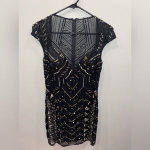 Scala Black 100% Silk Gold Embellished  Sheath Dress V-Neck Cap Sleeve Size 8